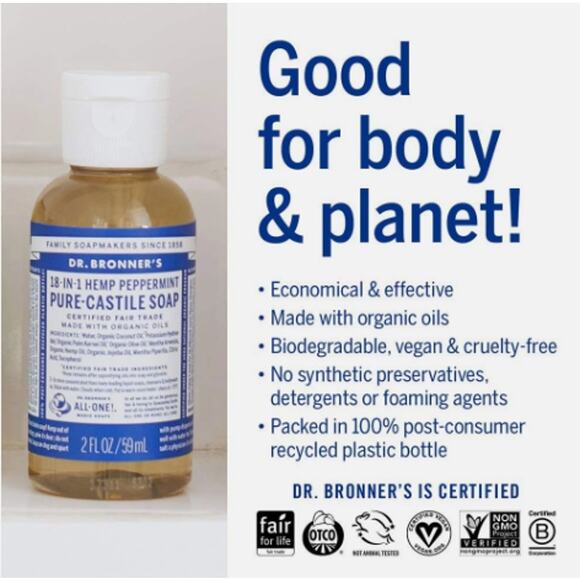 10 Dr Bronner's 18-In-1 Peppermint & Baby Unscented Castile Magic Soap 2 Fl Oz - Picture 3 of 6